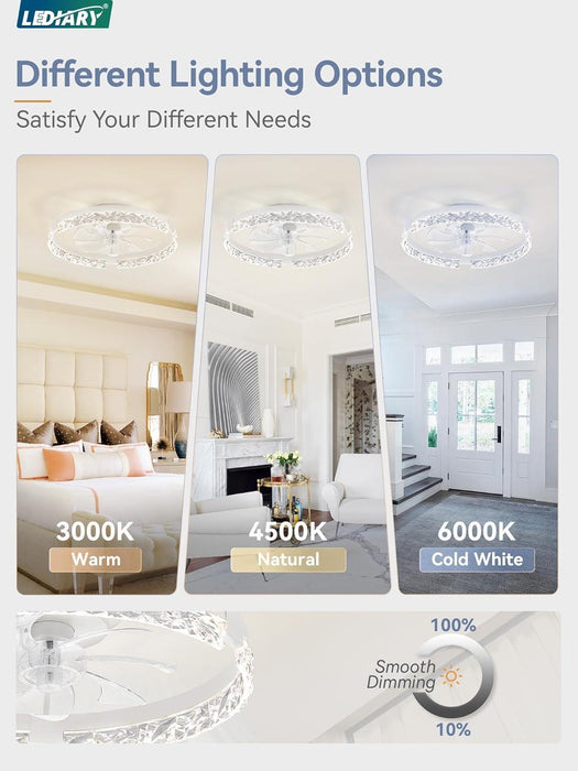 20 Inch Low Profile Ceiling Fans with Lights and Remote, Fandelier Ceiling Fan Flush Mount, 3000K-6000K Dimmable LED Fan Light, White Modern Ceiling Fans with Lights for Bedroom