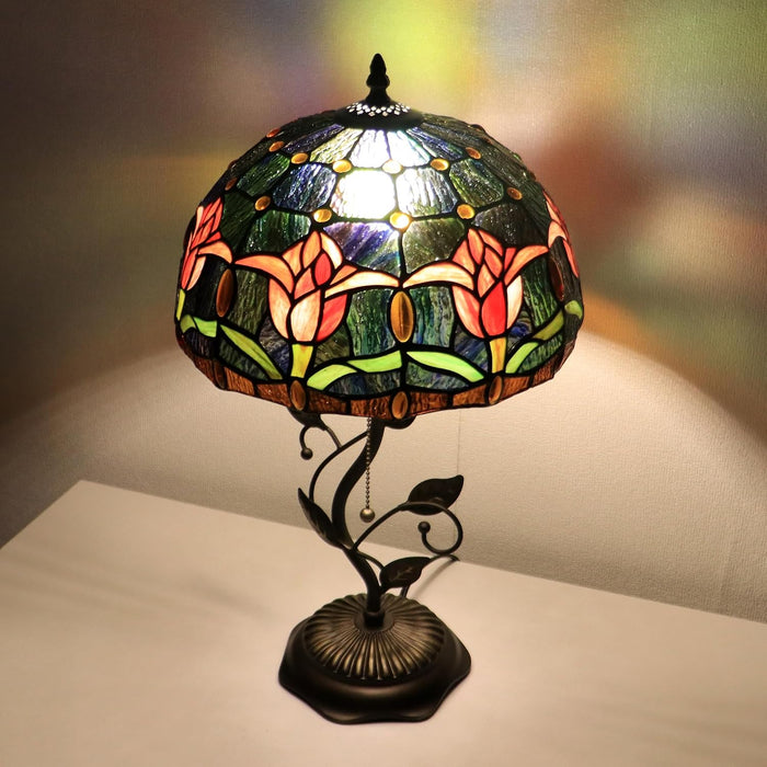 Tiffany Style Red Tulip Stained Glass Table Lamp 19 Inch