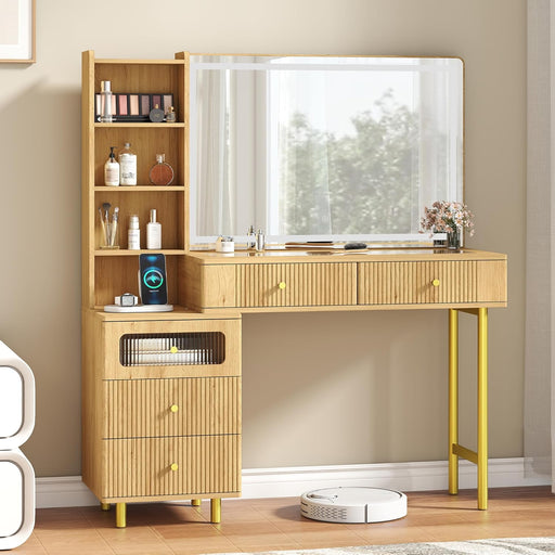 Vanity Desk with Mirror and Lights, Fluted Makeup Vanity with Glass Top, 48" Modern Vanity with 5 Drawers & Open Shelves, 3 Lighting Modes Adjustable Brightness for Bedroom, Natural