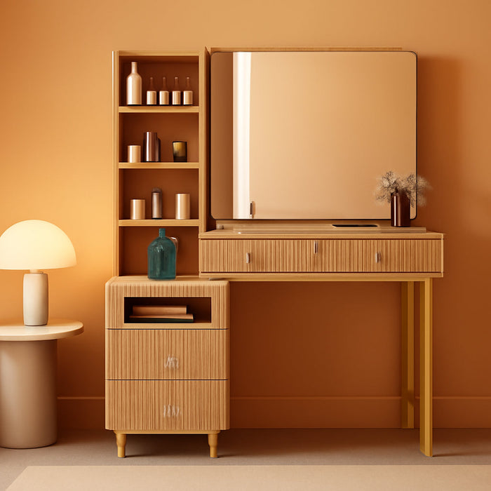 Vanity Desk with Mirror and Lights, Fluted Makeup Vanity with Glass Top, 48" Modern Vanity with 5 Drawers & Open Shelves, 3 Lighting Modes Adjustable Brightness for Bedroom, Natural