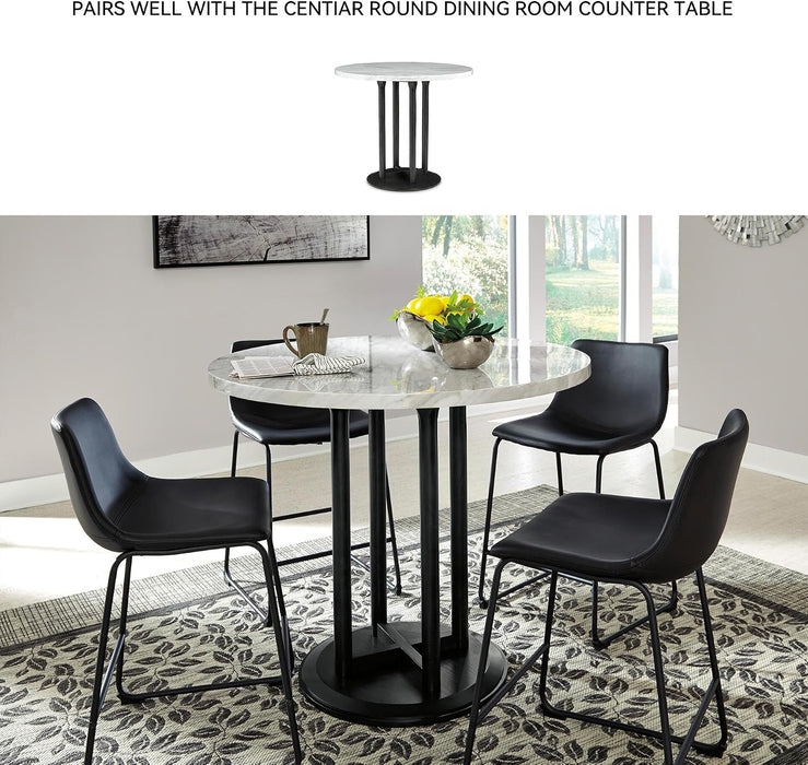 Signature Design by Ashley Counter Height Bar Stool, Set of 2, Black | French Black Faux Leather, Contoured Bucket Seat, Sturdy Metal Frame, 24 Inch Class, Centiar Series