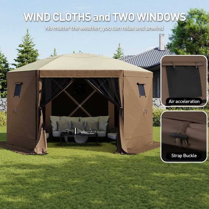 12X12Ft Pop up Canopy Tent, 6-Sided Pop-Up Gazebo Screen Tent with Mesh Windows, Outdoor Canopy Shelter Tent with Carrying Bag, Large Shade Tents for Camping, Backyard, Patio, Lawn, Brown