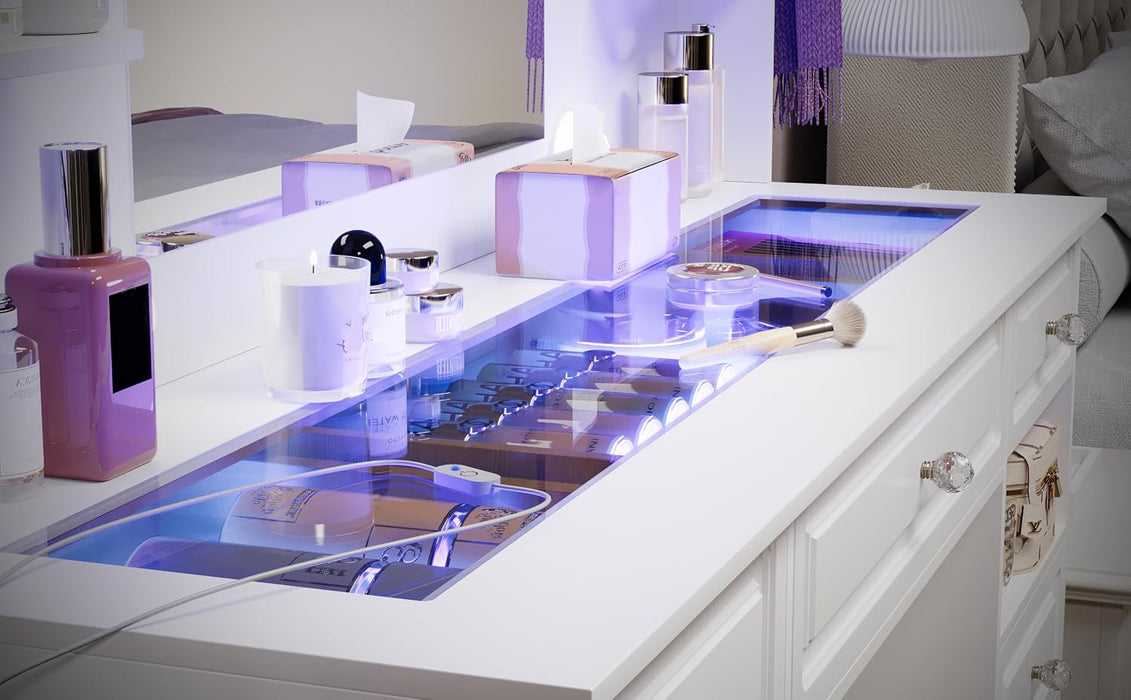 Vanity Desk With GlassTop Illuminated Mirror Drawers