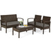 4 Pieces Patio Rattan Cushioned Furniture Set with Loveseat and Table