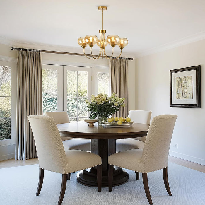 Translucent Amber Glass Five Light Globular Chandelier