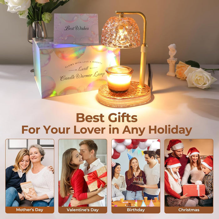 Candle Warmer Lamp with Timer Dimmer, Honeycomb Crystal Wax Melt Warmer for Jar Candles, Adjustable Height Wax Warmer Lamp with 2 Bulbs for Women Mom Gift New Home Bedroom Decor (Amber)