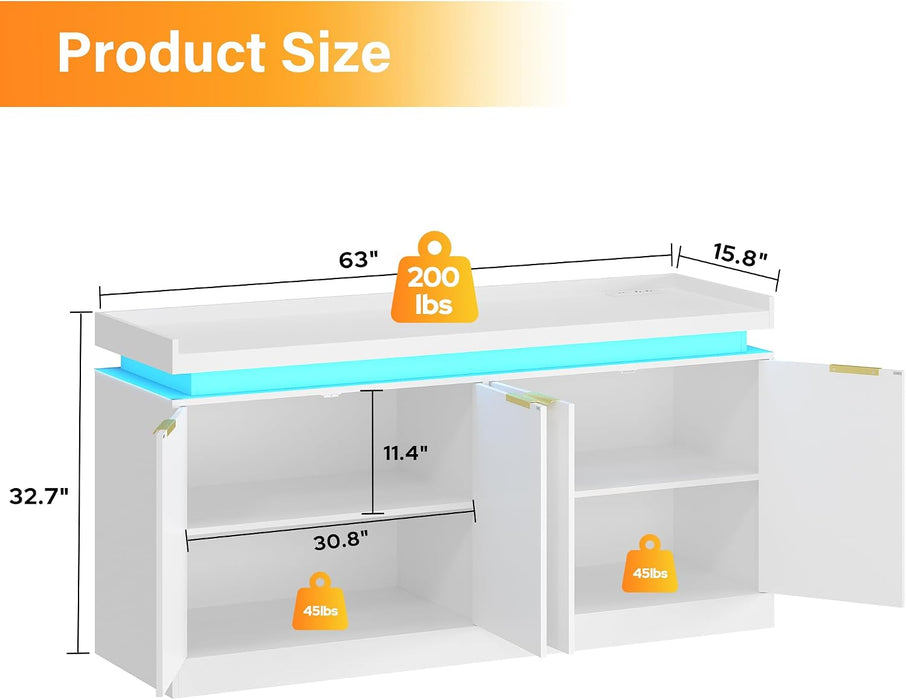 63" Sideboard Buffet Cabinet, Kitchen Buffet Cabinet Storage Cabinets with Power Outlets & LED Light, Modern Sideboard Coffee Bar Buffet Cabinets for Kitchen, Dinning, Living Room, White