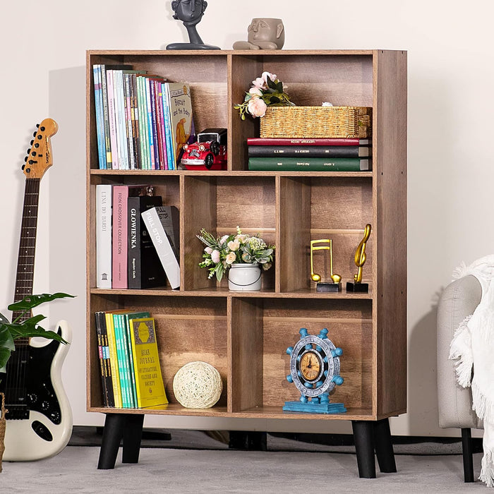 7 Cube Bookshelf 3 Tier Modern Bookcase with Legs,Wood Book Shelves Storage Organizer Shelf,Free Standing Bookcases,Oak Display Bookshelves