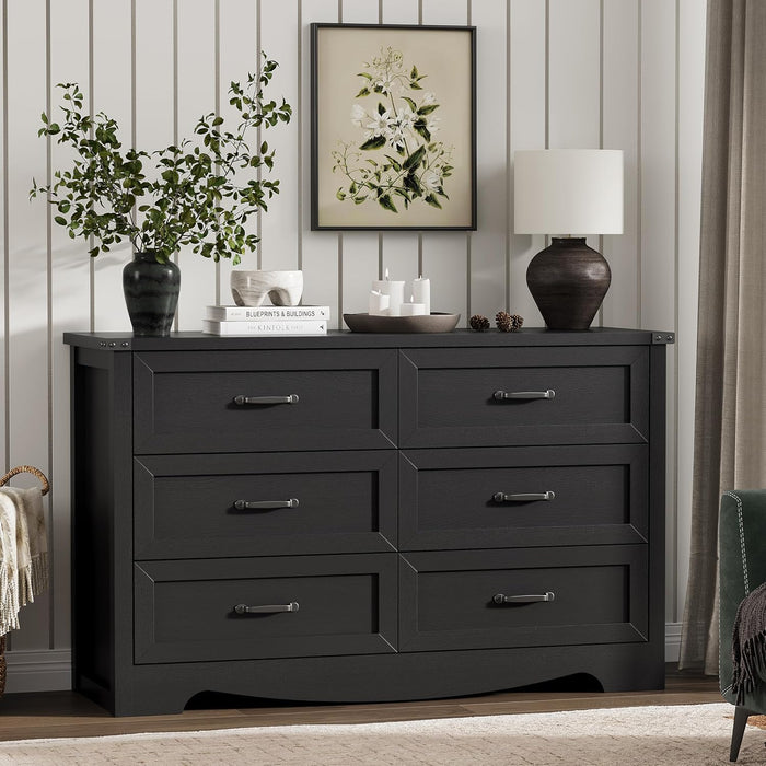 Dresser for Bedroom with 6 Drawers, 48" Wide Wood Chest of Drawers with Deep Drawers & Mental Handle, Modern Dresser TV Stand, Wooden Closet Storage Organizer for Living Room, Hallway, Entryway, Black