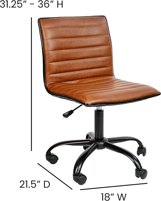 Alan Low-Back Ribbed Upholstered Vinyl Swivel Desk Chair with Padded Seat, Modern Adjustable Height Padded Office Chair, Brown
