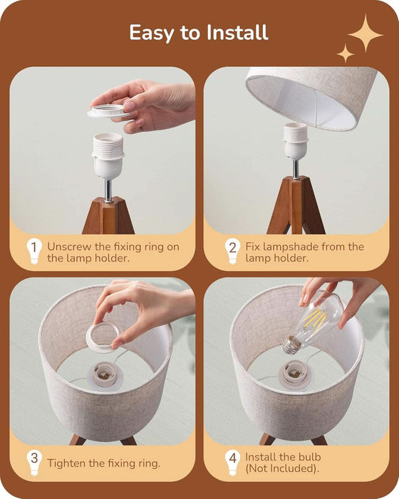 Tripod Table Lamp, Small Cute Bedside Lamp with Linen Beige Lampshade, Nightstand Lamp for Nursery, Bedroom, Kid Room, Living Room, Light Brown Wooden Base, E26 Socket, 14.2 Inch