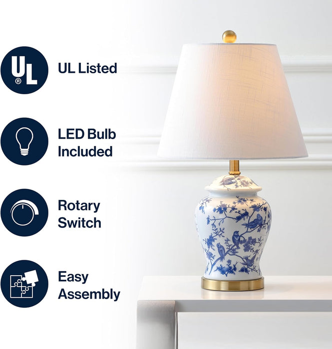 22" Blue/White Ceramic Table Lamp, French Country Chinoiserie Ginger Jar LED Bedside Lamp for Living Room Bedroom, White Linen Shade, JYL3005A