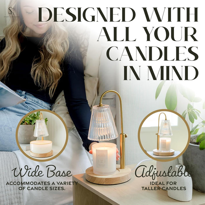 Adjustable Wood Candle Warmer Lamp for Jar Candles – Large round Base, Dimmable Electric Candle Melter with Timer, Flameless Candle Heating Lamp with 4 Halogen Light Bulbs