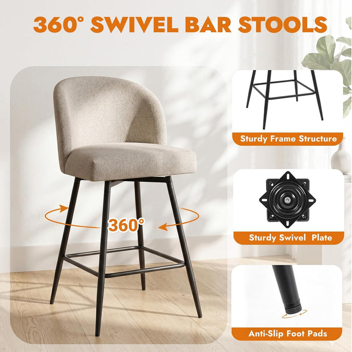 Counter Height Bar Stools Set of 2, 360° Swivel Upholstered Barstools with Backs and Metal Legs, 26" H Seat Height, Linen Fabric in Redish Sand
