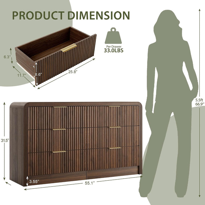 55" W Fluted 6-Drawer Dresser for Bedroom, Walnut