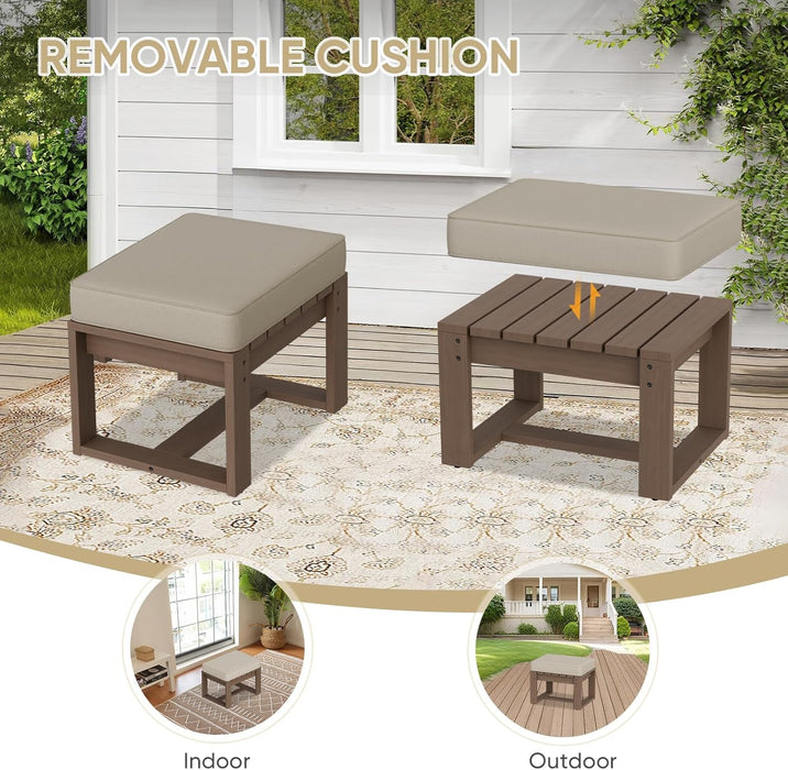 Natural Cedar Outdoor Patio Ottomans with Removable Cushions, Set of 2, Real Wood Footrests for Deck, Porch, Balcony, and Backyard, Brownish/Beige