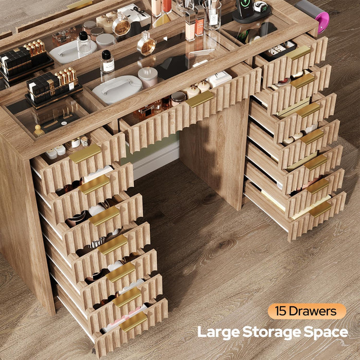 15 Drawers Fluted Vanity Desk with Glass Top, 47" Makeup Vanity with Large Mirror and 12 LED Lights, Dressing Table with Power Outlet for Bedroom, Natural