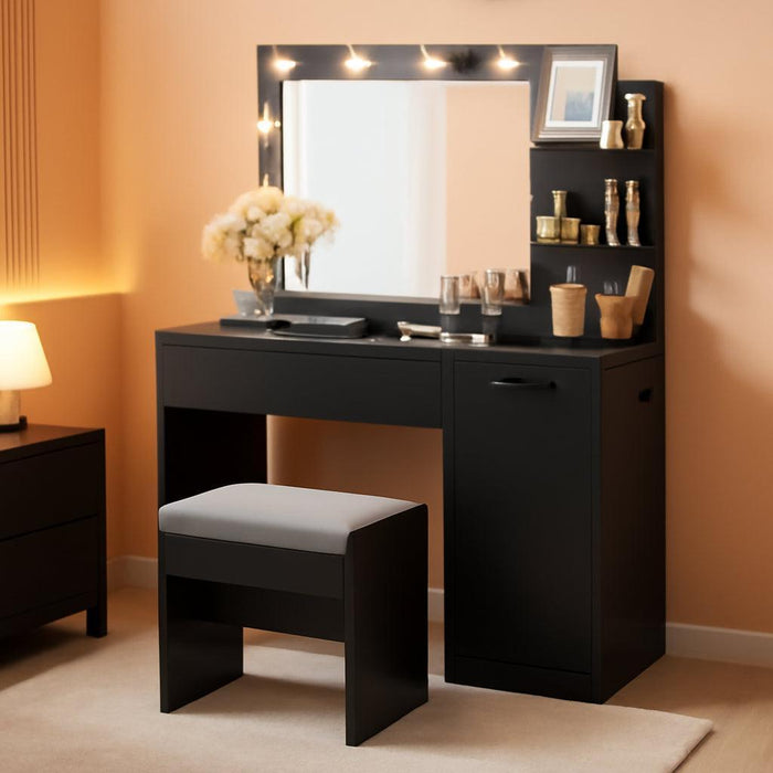 Vanity Desk with Mirror and Lights, 43.3-Inch Wide Makeup Vanity with Upholstered Vanity Stool, Power Outlets, Dimmable LED Lights, Storage Drawer, for Bedroom, Ink Black URDT628B01