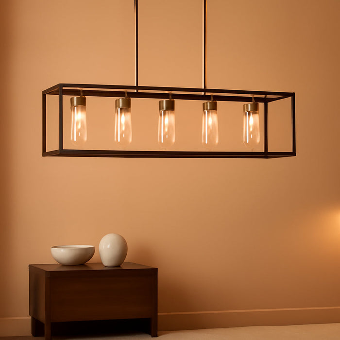6 Lights Modern Dining Room Light Fixtures over Table Black & Brushed Brass Gold Farmhouse Chandelier Rectangular Pendent Lighting for Kitchen with Glass Shade Long Linear Industry Hanging Light