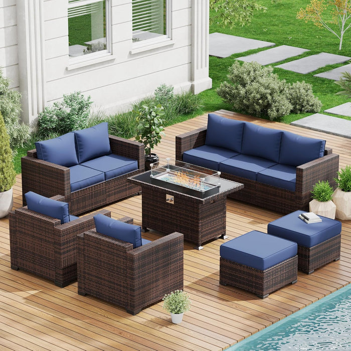 Outdoor Patio Furniture Sets, 10 Pieces Wicker Patio Furniture, Outdoor Sectional Patio Couch Set with Ottoman, Outdoor Conversation Set with 44" Gas Fire Pit (Navy)