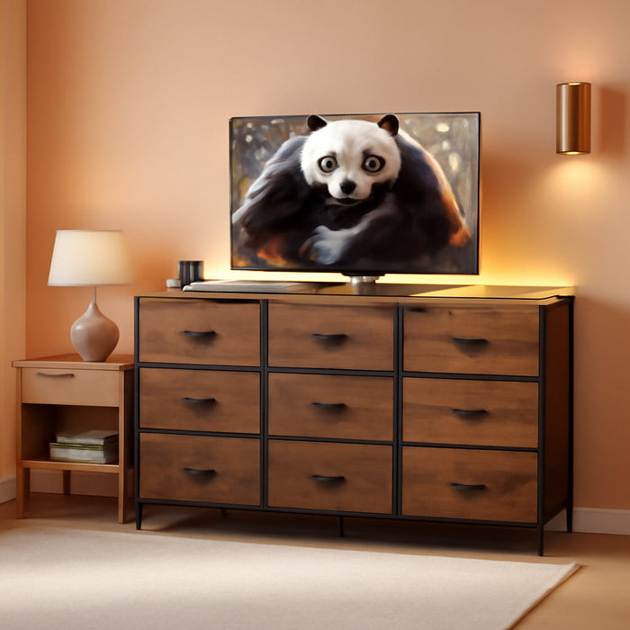 Dresser TV Stand for 55 Inch, Led Dresser for Bedroom, White Dresser for Bedroom with LED Lights and Charging Station, Chest of Drawers, 9 Fabric Dresser Drawers, Wood Top, Living Room, Closet