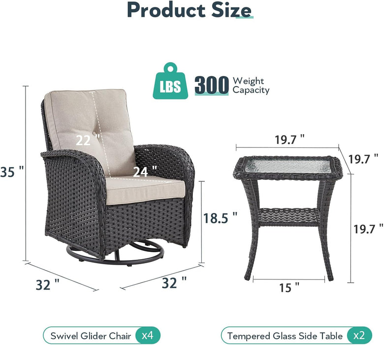 Outdoor Swivel Glider Rocker Chairs Set of 4 - Wicker Patio Furniture Set All Weather Patio Conversatio Sets with 2 Tempered Glass Side Table for Deck Backyard - Black Wicker Beige Cushion
