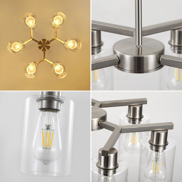Brushed Nickel Six Light Farmhouse Chandelier Glass