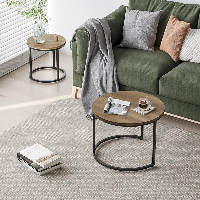Nesting Coffee Table Set of 2, 23.6" round Coffee Table Wood Grain Top with Adjustable Non-Slip Feet, Industrial End Table Side Tables for Living Room Bedroom Balcony Yard