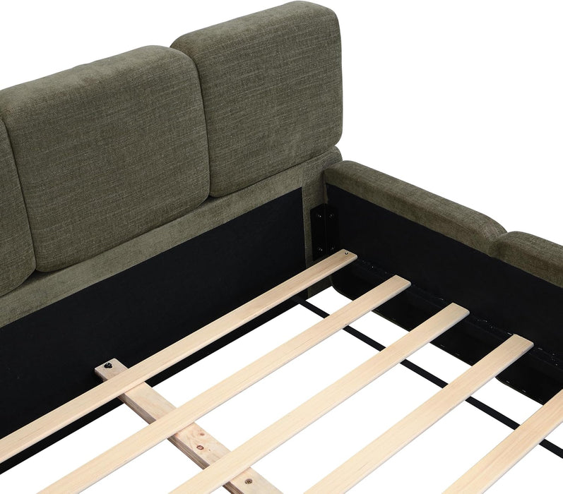 Queen Size Boucle Platform Bed with Thick Headboard and Footboard, Block Style Upholstery Grounded Bed Frame, Green