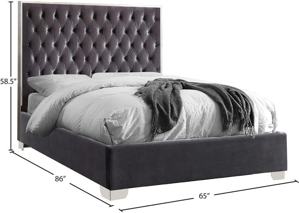 Lexi Collection Modern | Contemporary Velvet Upholstered Bed with Deep Tufting, Polished Chrome Stainless Steel Frame and Legs, Queen, Grey