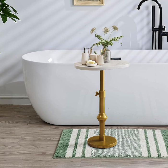 Marble Drink Table, 10"X12"X(22“~30") Martini Table with Metal Antique Brass Adjustable Stand Base, Drink Tables for Small Spaces, Living Room, Bedroom, or Office (White)