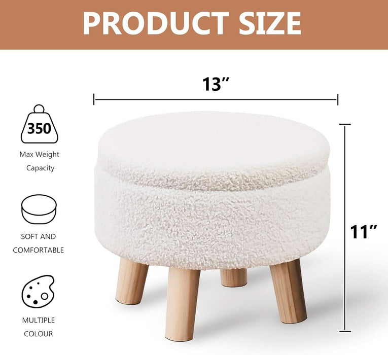 Storage Ottoman, Modern round Footrest with Soft Padded Seat, Teddy Velvet Footstool with Wood Legs, Accent Small Table or Plant Stand for Hallway, Living Room (Cream)