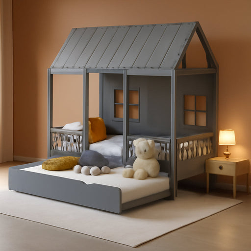 Twin Size CharcoalGray Premium Hardwood Playhouse Bed