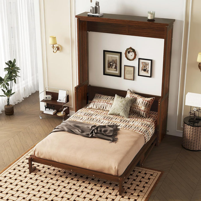 Queen Size Murphy Bed with Desk, Horizontal Wood Wall Bed Cabinet with Gas Struts, Space-Saving Folding Bed for Bedroom, Living Room, Guest Room, Walnut