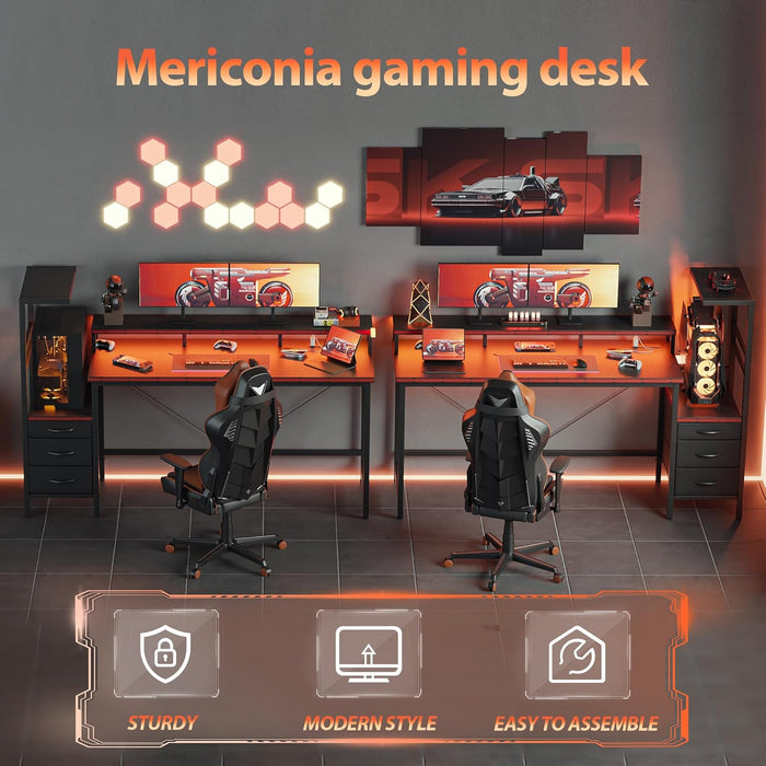 Gaming Desk with Power Outlets & LED Lights, Reversible Computer Desk with PC Case Stand, Fabric Drawers, Modern Office Desk with Shelves, Monitor Stand