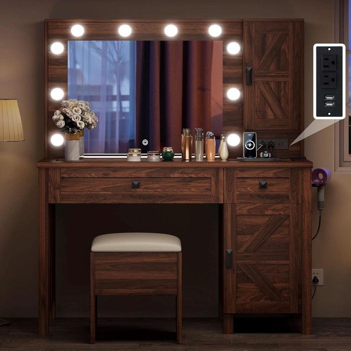 Farmhouse Vanity Makeup Desk with Charging Station, Large Vanity Desk with Lights Mirror and Drawers for Makeup, Modern Vanity Table Set with Stool for Bedroom, Rustic Brown