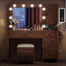 Farmhouse Vanity Makeup Desk with Charging Station, Large Vanity Desk with Lights Mirror and Drawers for Makeup, Modern Vanity Table Set with Stool for Bedroom, Rustic Brown
