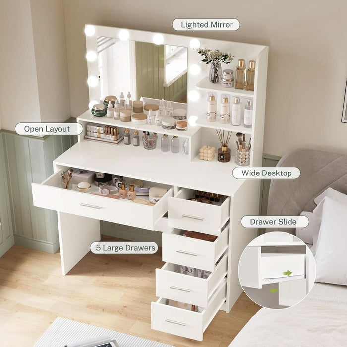Vanity Desk with Mirror and Lights, Makeup Vanity with 5 Drawers and 3 Storage Shelves, 3 Color Modes & Adjustable Brightness Dressing Table, Vanity for Girls, White