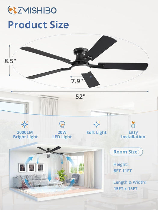 52 Inch Ceiling Fan with Light, App&Remote Control, Flush Mount Low Profile, Dimmable 20W LED Light, Quiet Reversible Motor for Bedroom, Living Room, Apartment, Black
