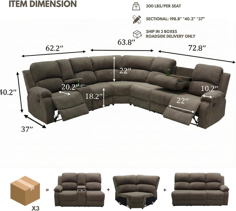 Manul Recliner Sectional Sofa for Living Room, Corduroy Fabric Sectional Reclinig Couch L Shape Recliner Sofa with Cup Holders, Storage Console and Drop down Table (Peanut)