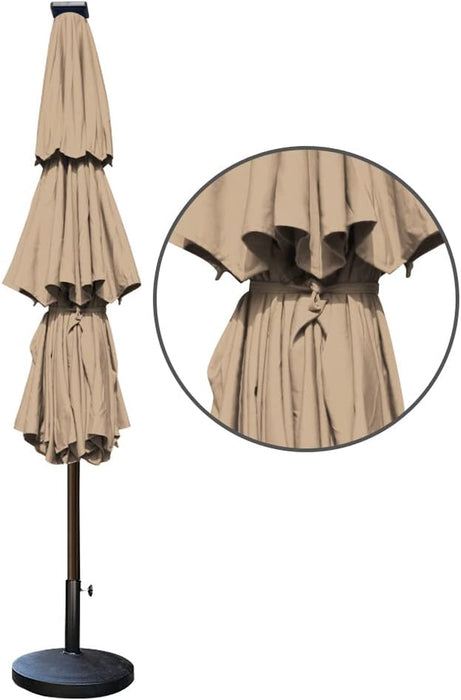 USA 10-Year-Non-Fading 9Ft 3-Tier Market Patio Umbrella, Commercial Table Umbrella with 80 Solar LED Lights, Crank Open, Windproof & UPF 50+ UV Protection for Garden, Deck, Pool, Backyard, Heather Beige