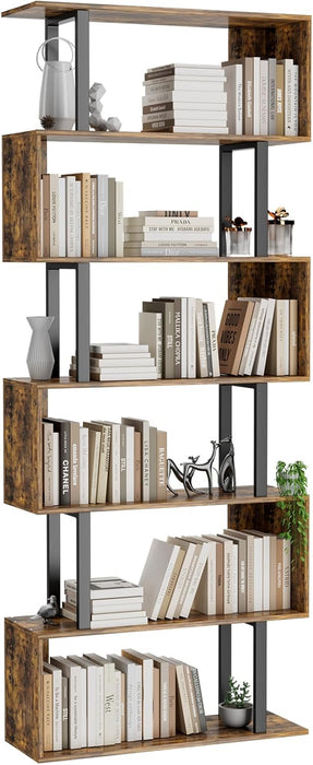 6 Tier Geometric Bookcase,S Shaped Bookshelf, Wood Decorative Storage Shelving, Modern Freestanding Display Shelves, Tall Book Shelf Unit for Living Room Bedroom, Rustic Brown