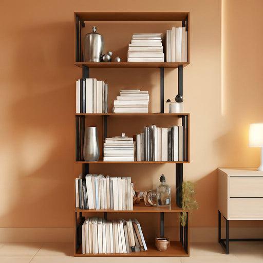 6 Tier Geometric Bookcase,S Shaped Bookshelf, Wood Decorative Storage Shelving, Modern Freestanding Display Shelves, Tall Book Shelf Unit for Living Room Bedroom, Rustic Brown