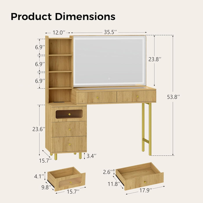 Vanity Desk with Mirror and Lights, Fluted Makeup Vanity with Glass Top, 48" Modern Vanity with 5 Drawers & Open Shelves, 3 Lighting Modes Adjustable Brightness for Bedroom, Natural