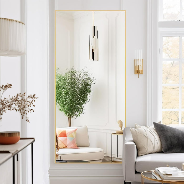 71" X 32" Large Full Length Mirror with Stand, Gold Wall Mounting Full Body Mirror, Metal Frame Full-Length Tempered Mirror for Living Room, Bedroom
