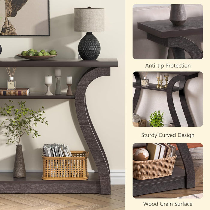 47" Wood Console Table for Entryway, Narrow Sofa Table with 3-Tier Shelves, Curved Legs Farmhouse Hallway Table, Skinny Console Table behind Couch, Rustic Wooden Entry Table for Living Room (Brown)