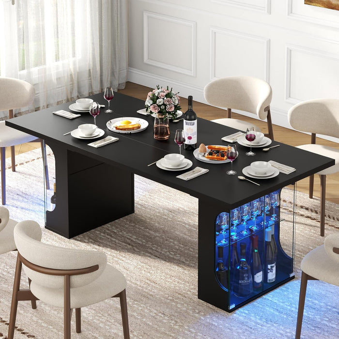 70.8" Large Dining Table with Glass Storage Cabinet & LED Lights, Modern Kitchen Table for 4-8, Rectangle Dining Room Table, Long Dinner Tables for Kitchen,Living Room(Black)