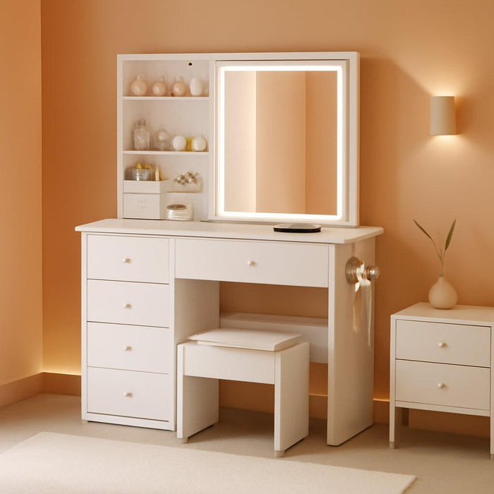 Makeup Vanity Desk with LED Lights Mirror 3 Adjustable Modes and Power Outlets, Vanity Table with 6 Drawers Dresser and Bench, Makeup Desk for Bedroom Dressing Room, White