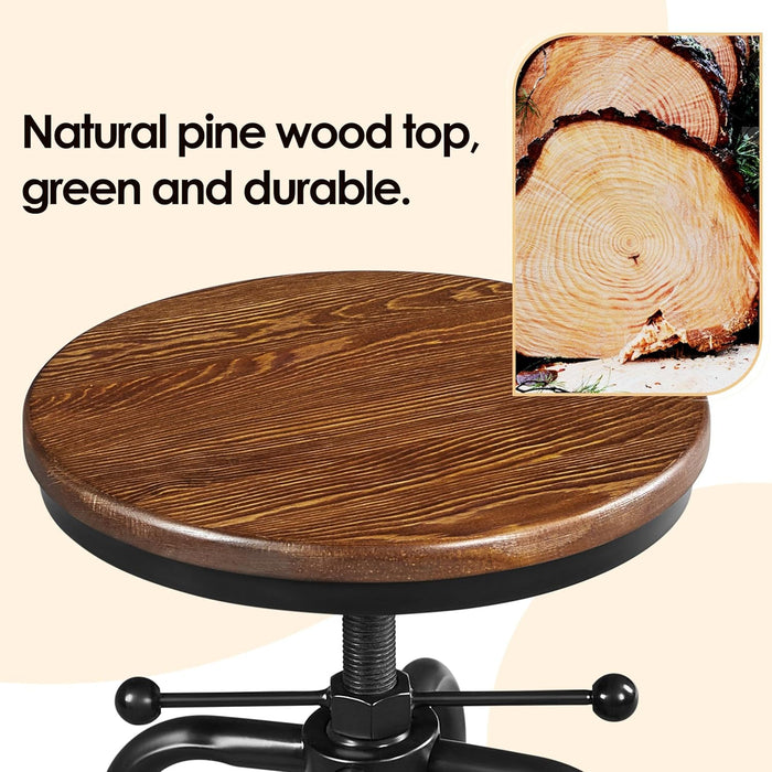 Industrial Bar Stool Vintage Counter Stool Rustic Counter Height Bar Stool Adjustable Metal Stool with round Wood Seat Kitchen/Dining/Cafe Chair 20-27 Inch Tall, Brown, 1PCS