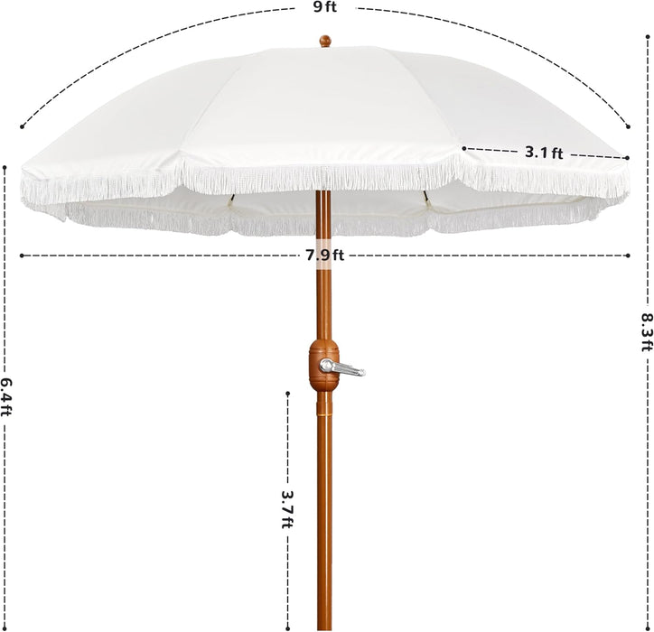 9Ft Patio Umbrella with Tassels, Fringe Portable Beach Umbrella, Umbrella Outdoor Patio with Crank Operating Mechanism, Tilting Aluminum Pole, Fiberglass Ribs for Garden, Pool, Cream